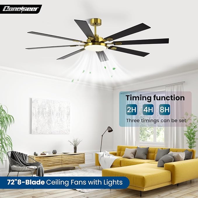 72 Inch Ceiling Fans with Lights and Remote, Dual Color 8 Blades, Bedroom Living Room Office Library Cafe Outdoor Industrial