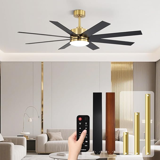 72 Inch Ceiling Fans with Lights and Remote, Dual Color 8 Blades, Living Room Office Library Cafe Indoor Outdoor Industrial