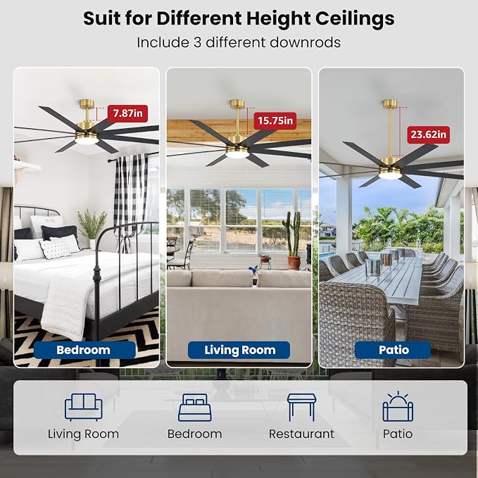 72 Inch Ceiling Fans with Lights and Remote, Dual Color 8 Blades, Living Room Office Library Cafe Indoor Outdoor Industrial