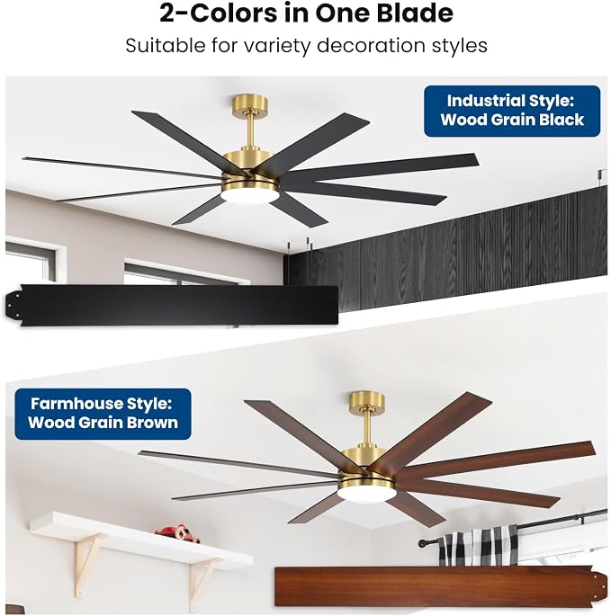 72 Inch Ceiling Fans with Lights and Remote, Dual Color 8 Blades, Living Room Office Library Cafe Indoor Outdoor Industrial