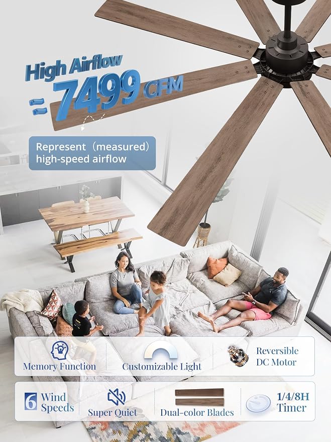 72 Inch Ceiling Fans with Lights and Remote, Dual-Sided Reversible Blades for Versatile Décor, Quiet DC Motor, 120°