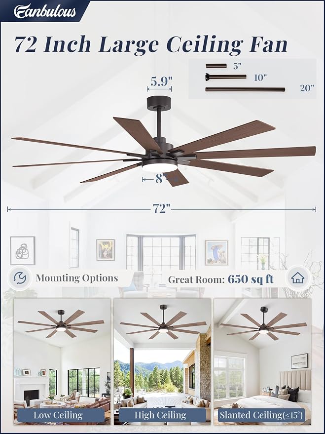 72 Inch Ceiling Fans with Lights and Remote, Dual-Sided Reversible Blades for Versatile Décor, Quiet DC Motor, 120°