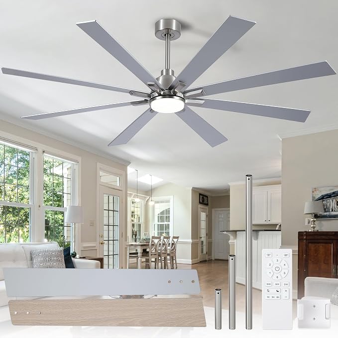 72 Inch Ceiling Fans with Lights and Remote, Pure Copper DC Motor Brushed Nickel Large Indoor/Outdoor Modern Industrial