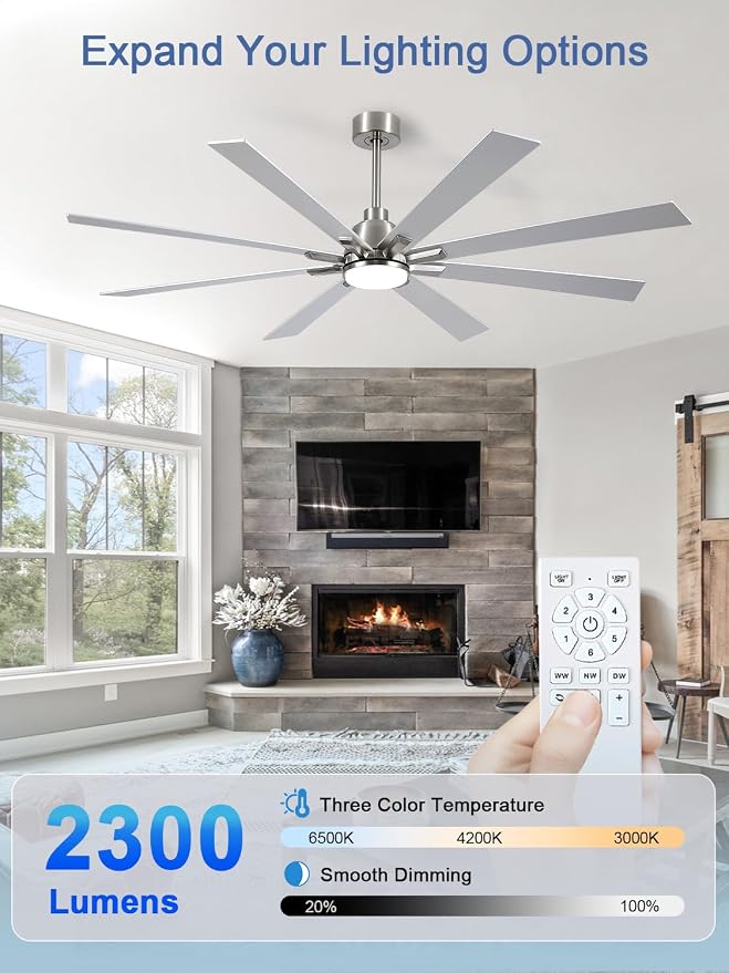 72 Inch Ceiling Fans with Lights and Remote, Pure Copper DC Motor Brushed Nickel Large Indoor/Outdoor Modern Industrial