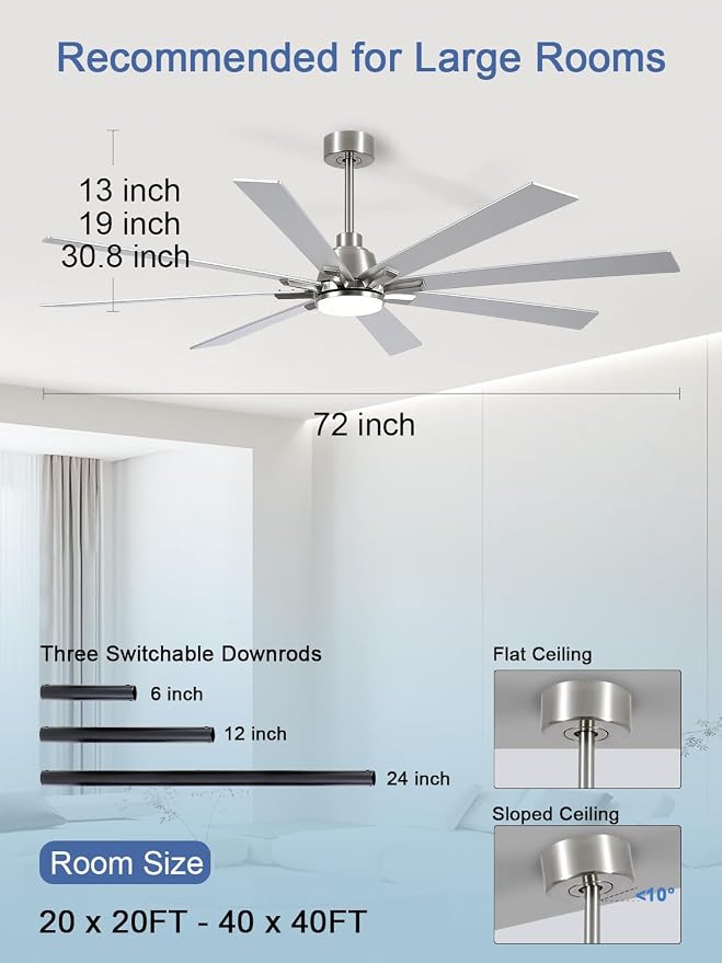 72 Inch Ceiling Fans with Lights and Remote, Pure Copper DC Motor Brushed Nickel Large Indoor/Outdoor Modern Industrial