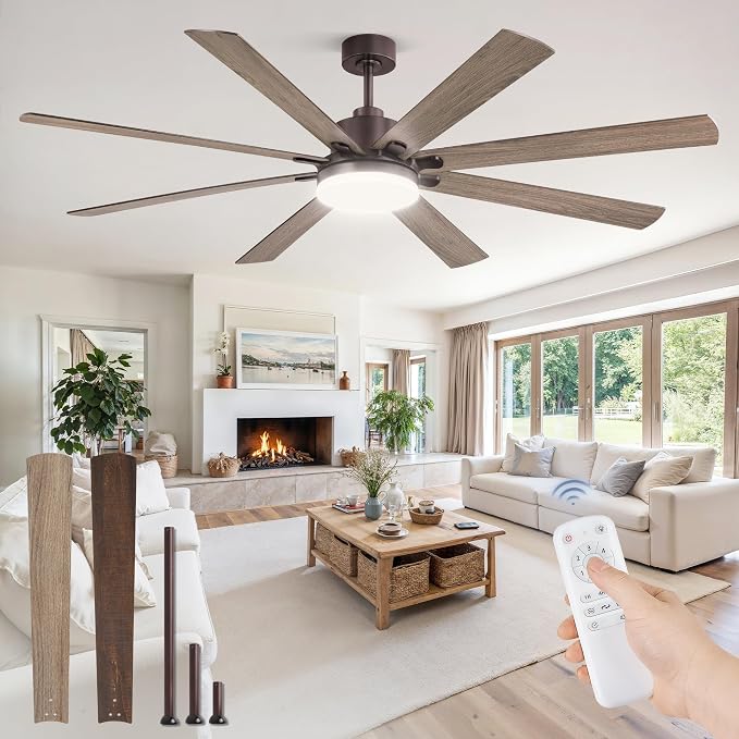 72 Inch Ceiling Fans with Lights, Brown Farmhouse Ceiling Fan with Light, large LED Panel, Quiet Reversible DC Motor