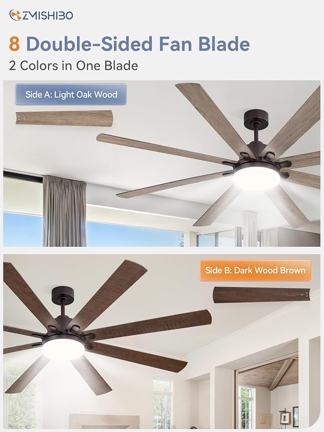 72 Inch Ceiling Fans with Lights, Brown Farmhouse Ceiling Fan with Light, large LED Panel, Quiet Reversible DC Motor