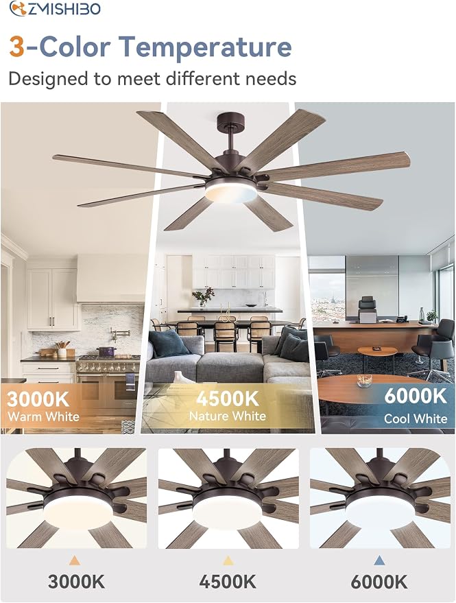 72 Inch Ceiling Fans with Lights, Brown Farmhouse Ceiling Fan with Light, large LED Panel, Quiet Reversible DC Motor