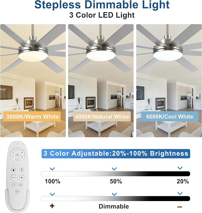 72 Inch Ceiling Fans with Lights - Large Brushed Nickel Ceiling Fan with Light and Remote for Bedroom Living Room Indoor - 6