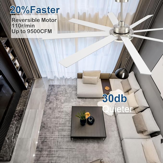 72 Inch Ceiling Fans with Lights - Large Brushed Nickel Ceiling Fan with Light and Remote for Bedroom Living Room Indoor - 6