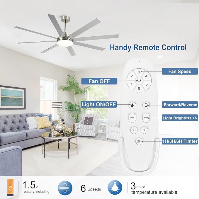 72 Inch Ceiling Fans with Lights - Large Brushed Nickel Ceiling Fan with Light and Remote for Bedroom Living Room Indoor - 6