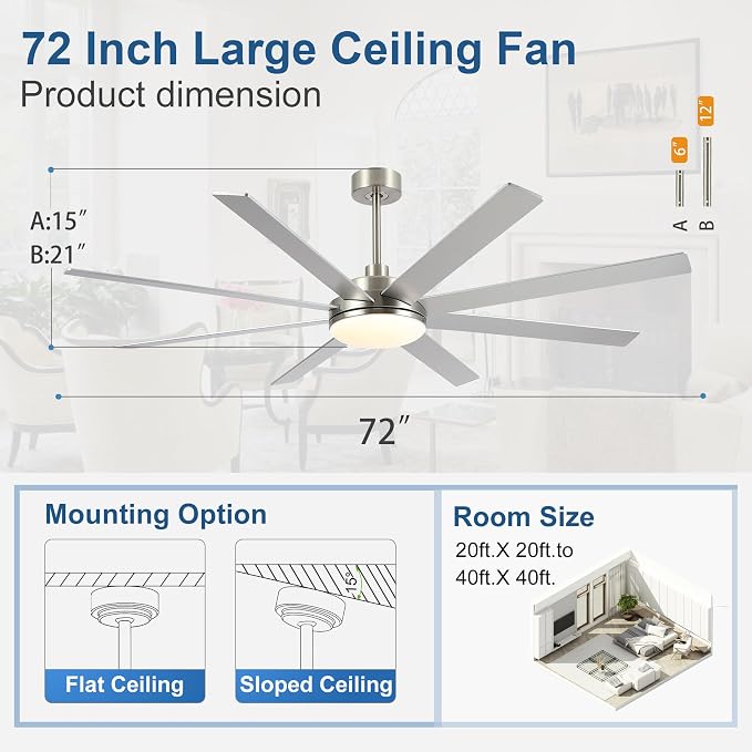 72 Inch Ceiling Fans with Lights - Large Brushed Nickel Ceiling Fan with Light and Remote for Bedroom Living Room Indoor - 6