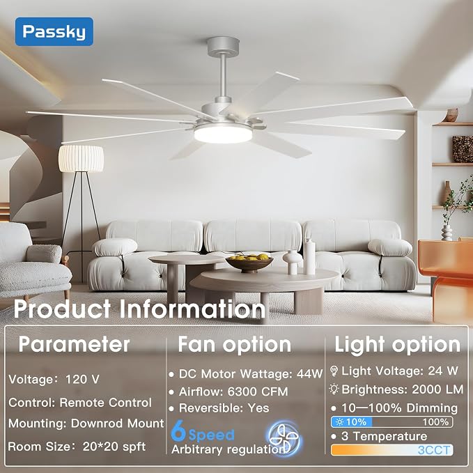 72 inch Ceiling Fans with Lights, Large Modern Ceiling Fan with Light and Remote Control, Reversible, Dimmable, 3CCT, Quiet