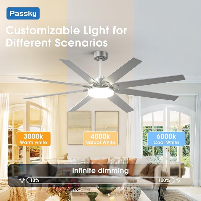 72 inch Ceiling Fans with Lights, Large Modern Ceiling Fan with Light and Remote Control, Reversible, Dimmable, 3CCT, Quiet