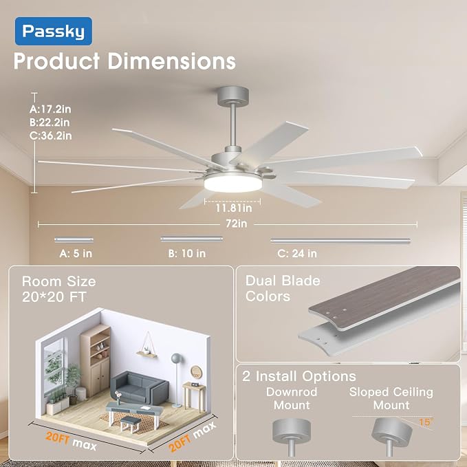 72 inch Ceiling Fans with Lights, Large Modern Ceiling Fan with Light and Remote Control, Reversible, Dimmable, 3CCT, Quiet