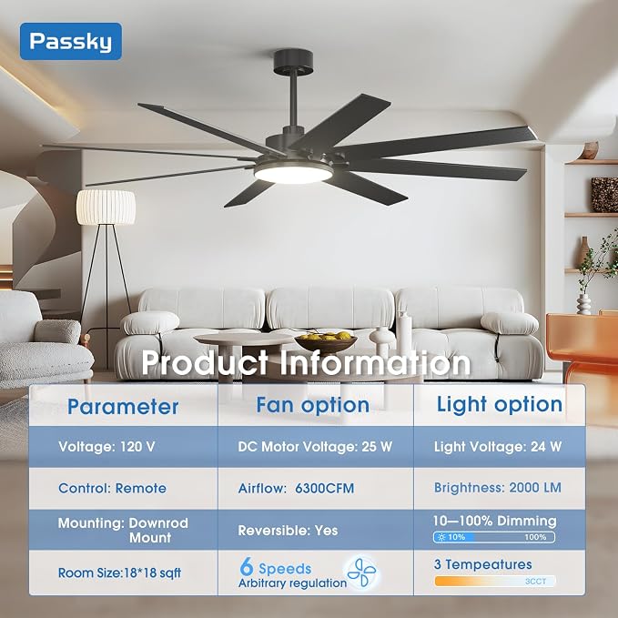 72 inch Ceiling Fans with Lights, Large Modern Ceiling Fan with Light and Remote Control, Reversible, 3CCT, Dimmable, Quiet