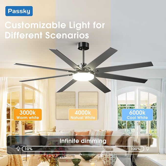 72 inch Ceiling Fans with Lights, Large Modern Ceiling Fan with Light and Remote Control, Reversible, 3CCT, Dimmable, Quiet