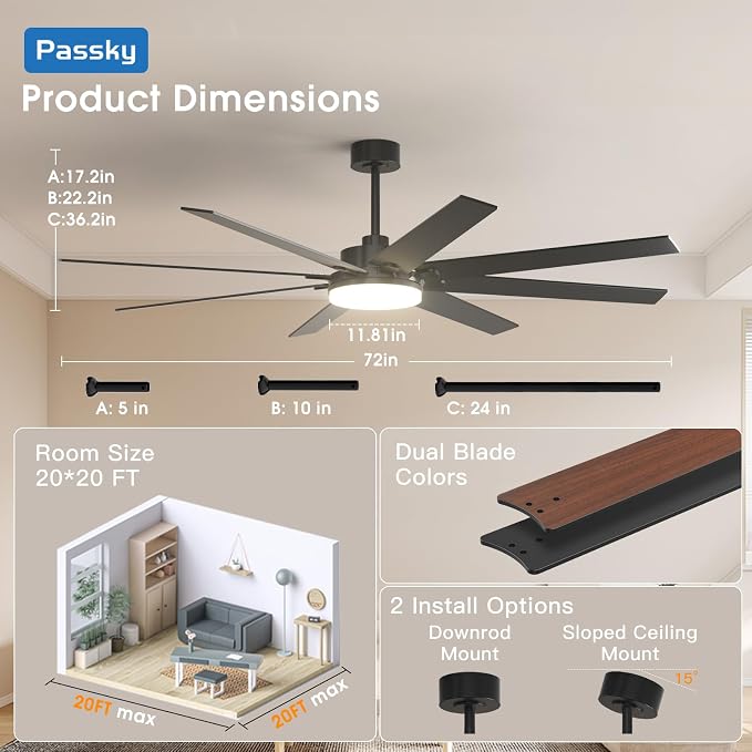 72 inch Ceiling Fans with Lights, Large Modern Ceiling Fan with Light and Remote Control, Reversible, 3CCT, Dimmable, Quiet