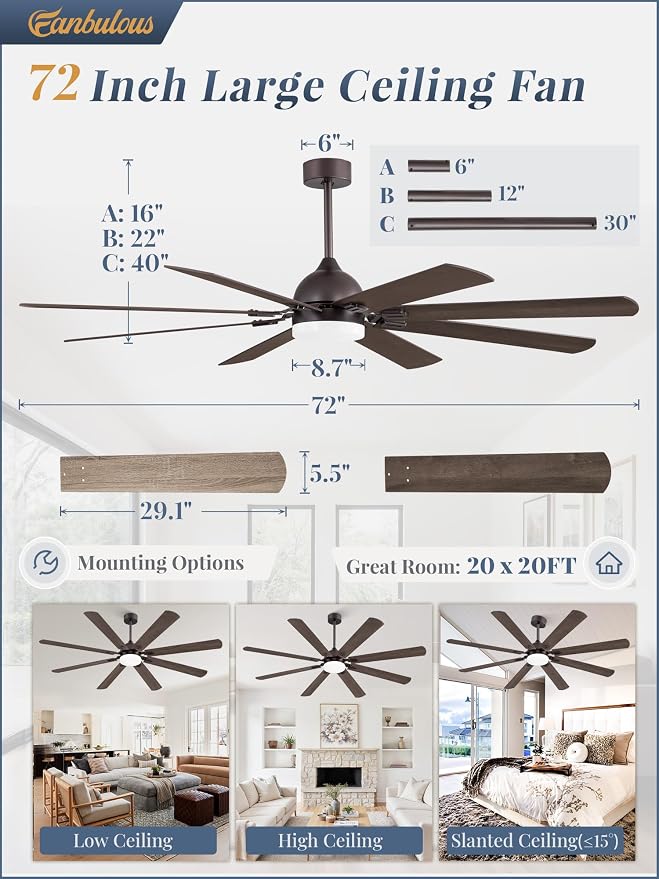 72 Inch Ceiling Fans with Lights, Oil Bronze Modern Ceiling Fan with Remote,Large Farmhouse Indoor & Outdoor Ceiling Fan with