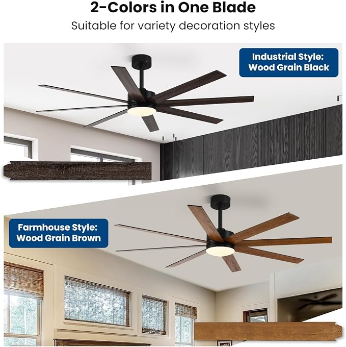 72 Inch Ceiling Fans with Lights, Remote Control, Dual-Color 8 Blades, 24W 3CCT,6-Speed Reversible Quiet DC Motor - Black and