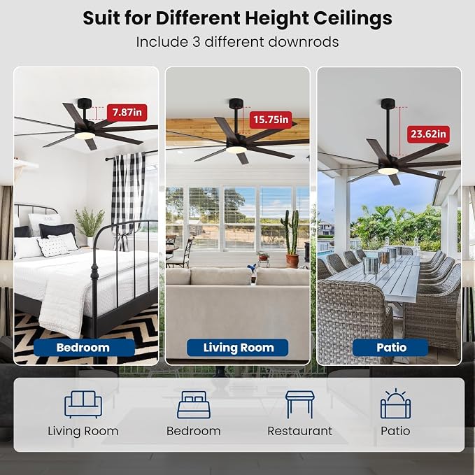 72 Inch Ceiling Fans with Lights, Remote Control, Dual-Color 8 Blades, 24W 3CCT,6-Speed Reversible Quiet DC Motor - Black and