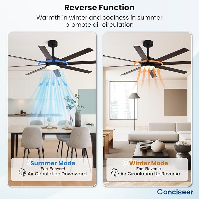 72 Inch Ceiling Fans with Lights, Remote Control, Dual-Color 8 Blades, 24W 3CCT,6-Speed Reversible Quiet DC Motor - Black and