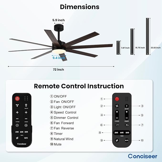 72 Inch Ceiling Fans with Lights, Remote Control, Dual-Color 8 Blades, 24W 3CCT,6-Speed Reversible Quiet DC Motor - Black and