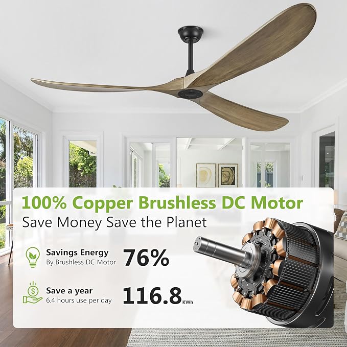 72 Inch Ceiling Fans without Lights, 72" Wood Large Ceiling Fan no Light with Remote Control, Indoor Outdoor Ceiling Fan no