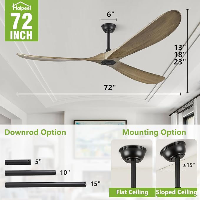 72 Inch Ceiling Fans without Lights, 72" Wood Large Ceiling Fan no Light with Remote Control, Indoor Outdoor Ceiling Fan no