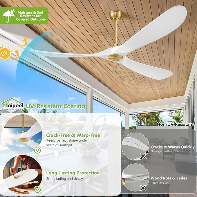 72 Inch Ceiling Fans without Lights, Wood Large Ceiling Fan no Light and Remote Control, Modern Indoor Outdoor Ceiling Fan no