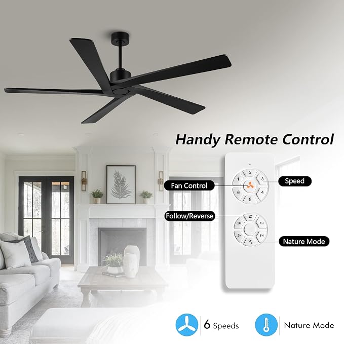 72 Inch DC Ceiling Fan No Light with 3 Downrods, 5 Reversible Carved Solid Wood Blades, 6-Speed Noiseless DC Motor, Large
