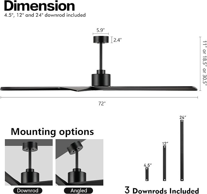 72 Inch DC Ceiling Fan No Light with 3 Downrods, 5 Reversible Carved Solid Wood Blades, 6-Speed Noiseless DC Motor, Large