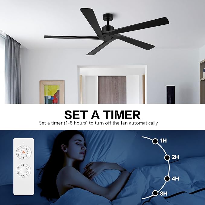 72 Inch DC Ceiling Fan No Light with 3 Downrods, 5 Reversible Carved Solid Wood Blades, 6-Speed Noiseless DC Motor, Large