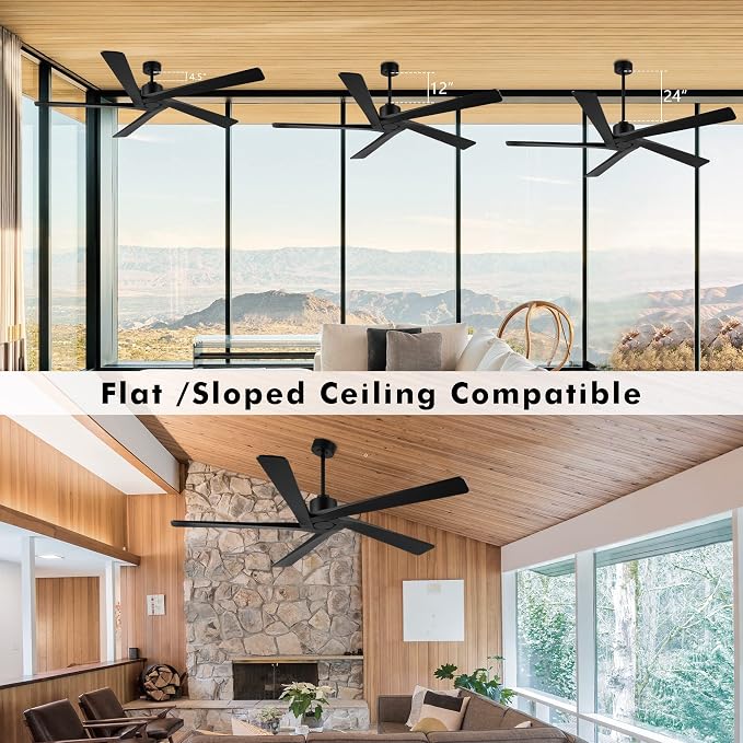 72 Inch DC Ceiling Fan No Light with 3 Downrods, 5 Reversible Carved Solid Wood Blades, 6-Speed Noiseless DC Motor, Large