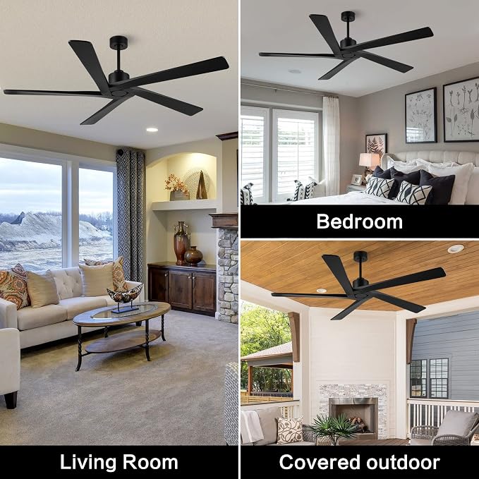 72 Inch DC Ceiling Fan No Light with 3 Downrods, 5 Reversible Carved Solid Wood Blades, 6-Speed Noiseless DC Motor, Large