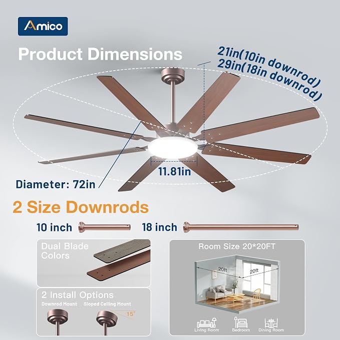 72 inch Farmhouse Bronze Ceiling Fan with Light, Large Energy Efficient Ceiling Fans with Remote, Reversible DC Motor