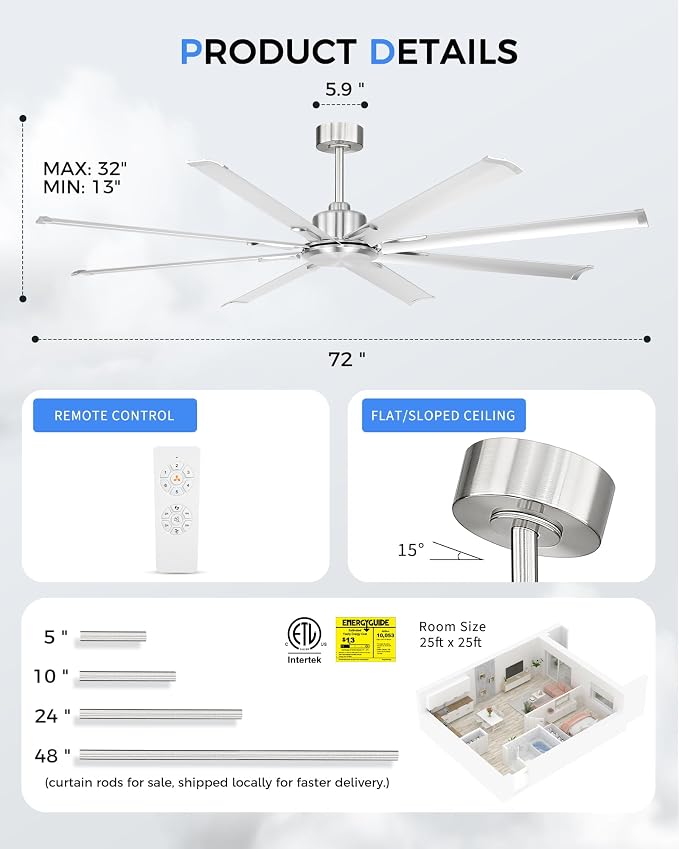 72 Inch Industrial Ceiling Fan Without Light, Brushed Nickel Outdoor Model for Covered Areas, 8 Aluminum Blades, Powerful