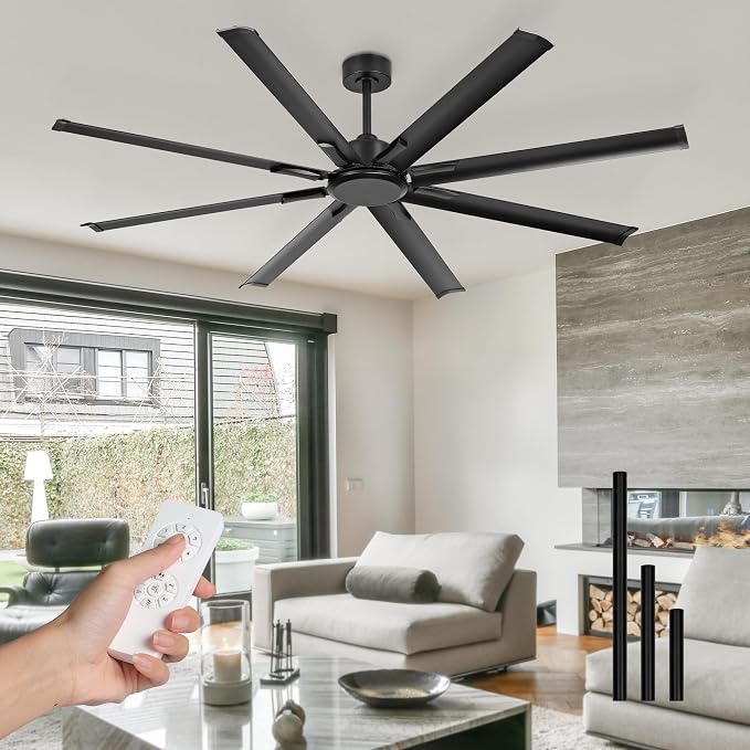 72 Inch Industrial Ceiling Fan Without Light, Matte Black Outdoor Model for Covered Areas, 8 Aluminum Blades, Powerful