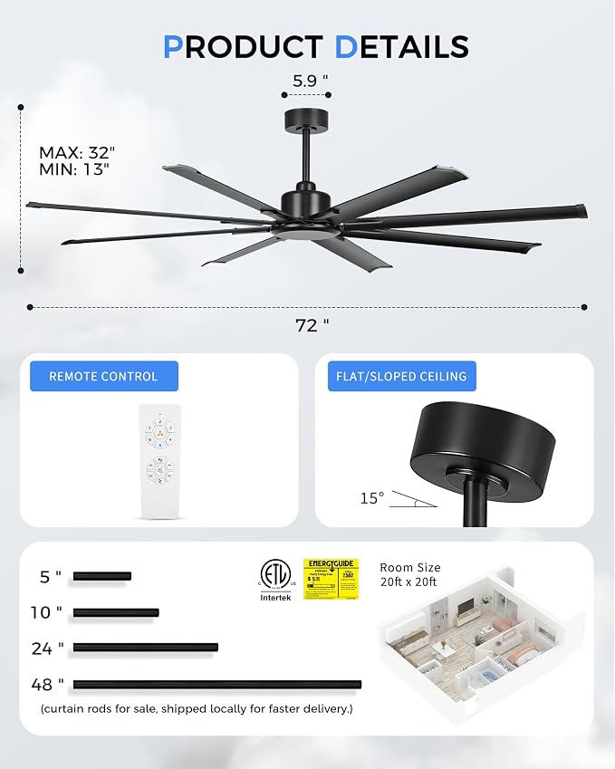 72 Inch Industrial Ceiling Fan Without Light, Matte Black Outdoor Model for Covered Areas, 8 Aluminum Blades, Powerful
