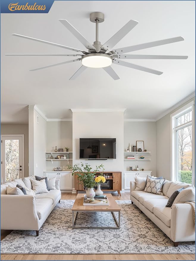 72 inch Large Brushed Nickel Modern Ceiling Fans with Lights and Remote, Indoor/Outdoor Ceiling Fan with 10 Blades, 32W LED