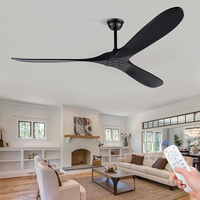 72 Inch Large Ceiling Fan, Black with Remote Control, 3 Solid Wood Blades, Indoor Outdoor Fan for Patios Porch Living Room