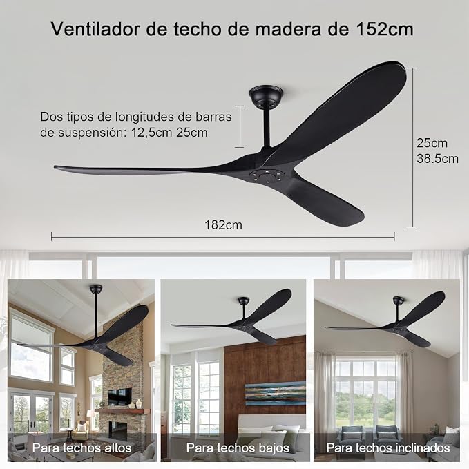 72 Inch Large Ceiling Fan, Black with Remote Control, 3 Solid Wood Blades, Indoor Outdoor Fan for Patios Porch Living Room