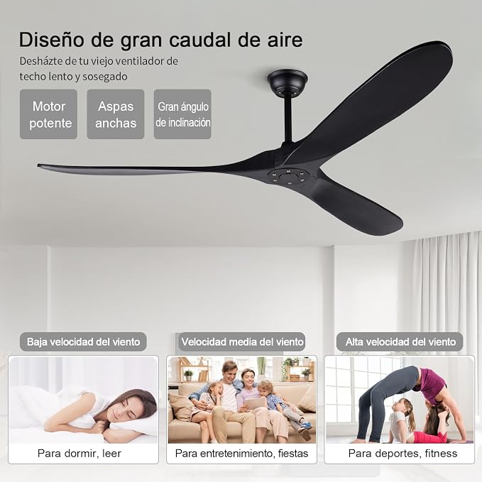 72 Inch Large Ceiling Fan, Black with Remote Control, 3 Solid Wood Blades, Indoor Outdoor Fan for Patios Porch Living Room