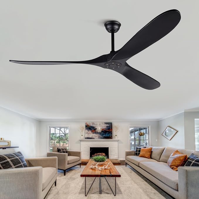 72 Inch Large Ceiling Fan, Black with Remote Control, 3 Solid Wood Blades, Indoor Outdoor Fan for Patios Porch Living Room