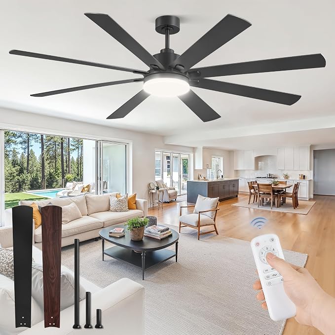 72 Inch Large Ceiling Fan with Remote, Indoor/Outdoor Industrial Ceiling Fan with Large LED Panel, Quiet Reversible DC Motor