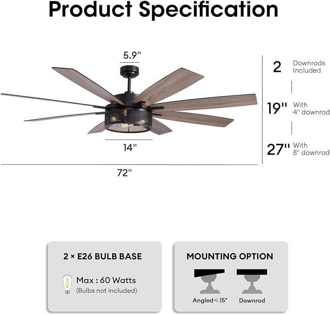 72 inch Large Ceiling Fans with Lights and Remote, Black Modern Ceiling Fan for Living Room, Patios, 6 Speed Reversible Quiet