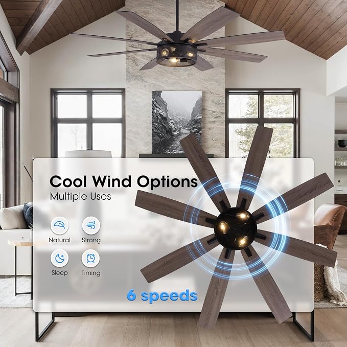 72 inch Large Ceiling Fans with Lights and Remote, Black Modern Ceiling Fan for Living Room, Patios, 6 Speed Reversible Quiet
