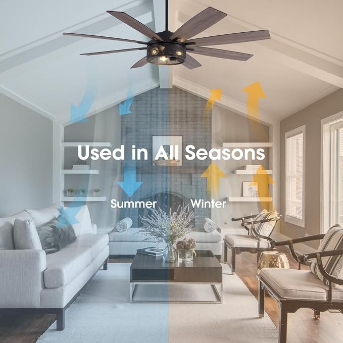 72 inch Large Ceiling Fans with Lights and Remote, Black Modern Ceiling Fan for Living Room, Patios, 6 Speed Reversible Quiet
