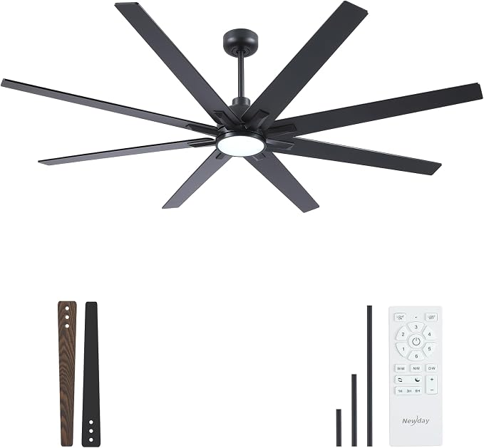 72 inch Large Ceiling Fans with Lights and Remote, Indoor/Outdoor Black Ceiling Fan for Living Room Patio, 6 Speeds Slient