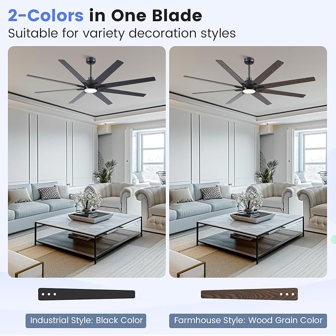 72 inch Large Ceiling Fans with Lights and Remote, Indoor/Outdoor Black Ceiling Fan for Living Room Patio, 6 Speeds Slient